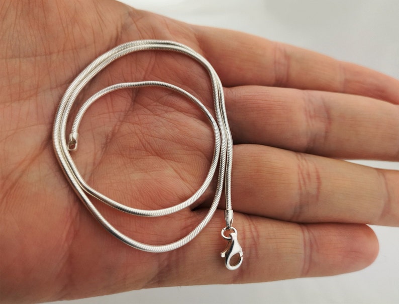 May include: A silver snake chain necklace with a lobster clasp closure.