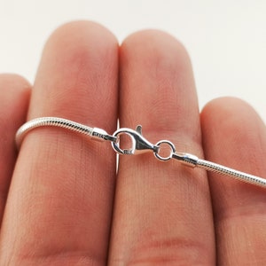 May include: A silver snake chain necklace with a lobster clasp closure.