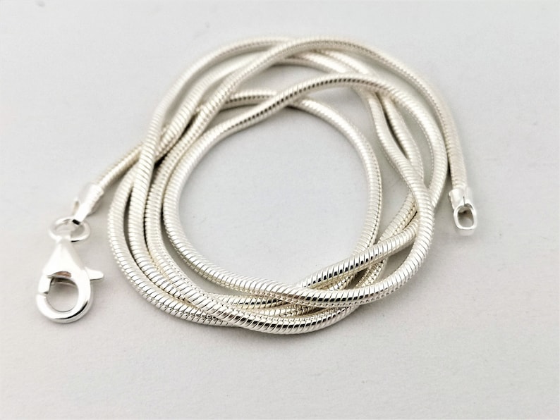 May include: A silver snake chain necklace with a lobster clasp closure.