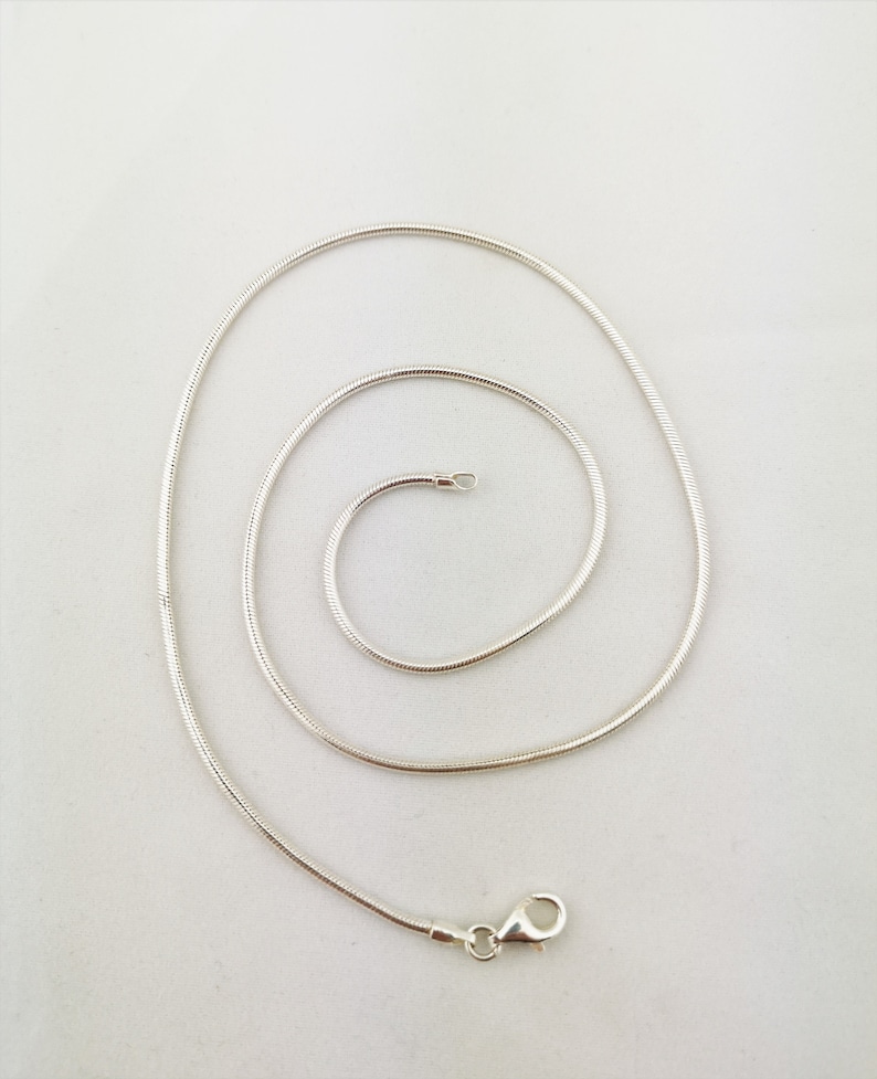 May include: A silver snake chain necklace with a lobster clasp.