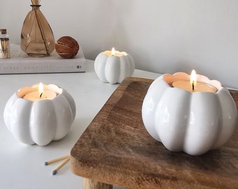 Ceramic Pumpkin White Orange Tealight Holder: Autumn Home Decor for Halloween