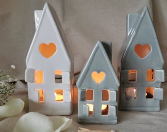 Ceramic Tea Light House: Grey or White Christmas Home Decor