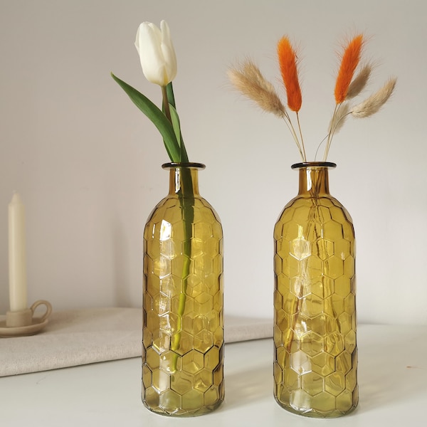 Glass Bottle Vase Yellow Vase Small glass vase Tall vase New Home Gift Housewarming Dry Flowers Glass Vase