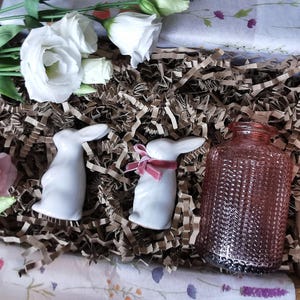 Glazed Ceramic Easter Rabbits Set with Velvet Ribbon
