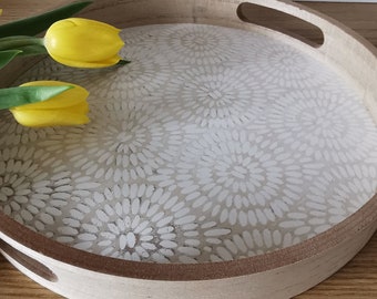 Wooden Round Tray Serving Display Patterned Decorative Kitchen Tray