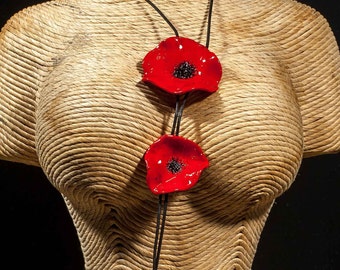 Colar de papoula com duas flores, colar de sautoir com flores, colar vermelho, ideia de presente de Natal, fabricação francesa