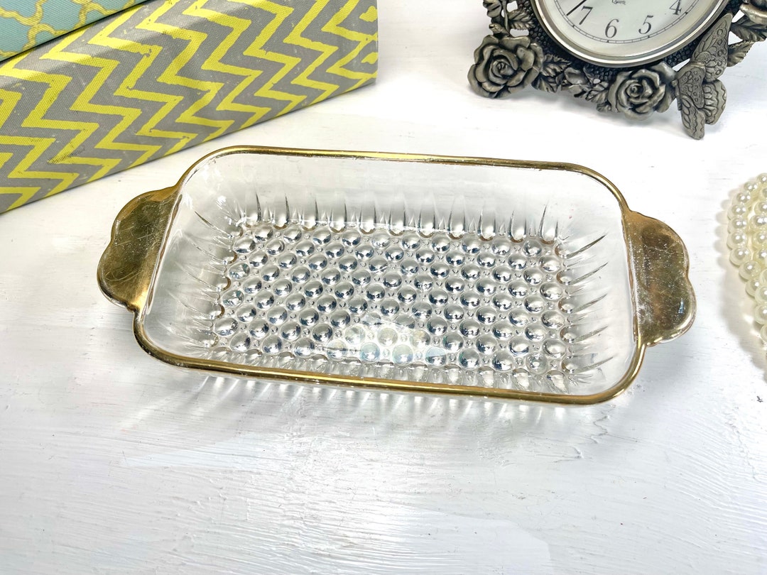 Vintage Glass Butter Dish Hobnail Gold Trim Dish Candy Bowl Clear Glass