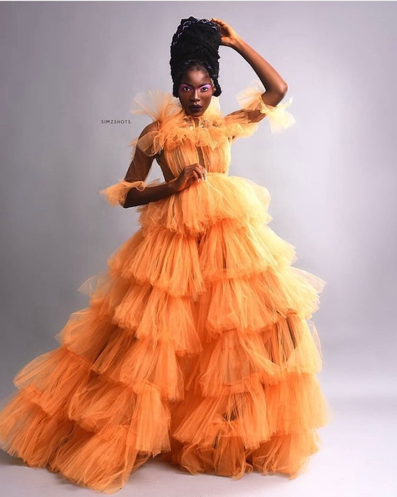Orange tulle couture dress hotsell