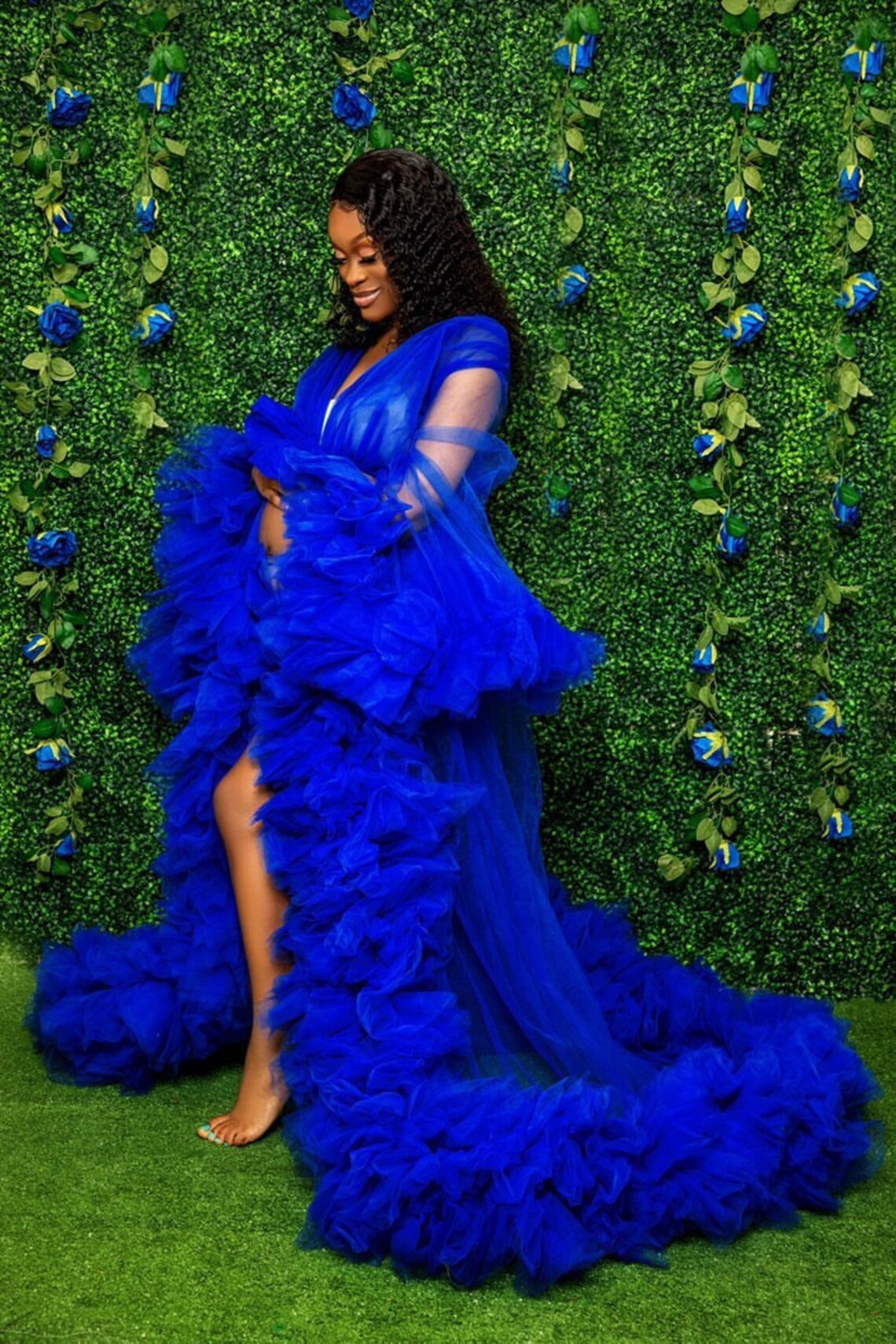 Royal Blue Tulle Robe Boudoir Robe Fluffy Ruffle Maternity Etsy