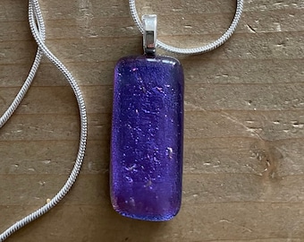 fused glass purple dichroic necklace on silver plated snake chain