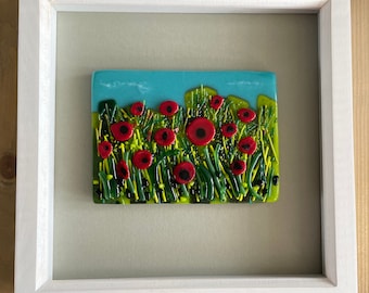 Fused glass framed art, poppy meadow