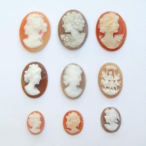 Puede incluir: Nueve colgantes de camafeo ovalados en varios colores, incluyendo naranja, marrón y beige. Cada camafeo presenta un retrato en relieve blanco de una mujer. Los camafeos están dispuestos sobre una superficie blanca.