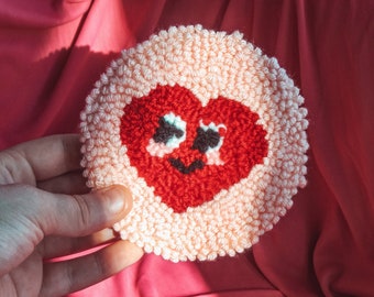 Retro Heart Punch Needle Coaster | Mug Rug | Punch Needle | Retro | Retro Heart | Valentine's Day | Gift | Smiling Heart | Coaster