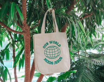 Our World Needs Jesus Tote Bag | Tote Bag With Pockets | Christian Tote Bag | Christian |