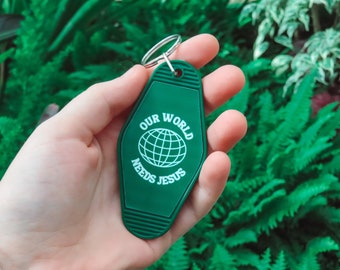 Our World Needs Jesus Retro Hotel Keychain | Christian Keychain | Retro Keychain | Retro Hotel Keychain | Gift | Accesory | Christian