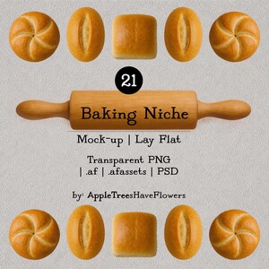 May include: A wooden rolling pin with the text "Baking Niche" and several baked rolls. The image also includes the text "Mock-up | Lay Flat" and "Transparent PNG".
