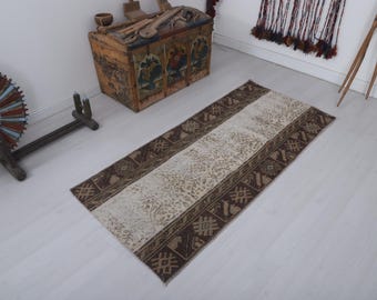 Antique Oushak Runner Rug, 3x6 Turkish Anatolian Wool Cotton Carpet