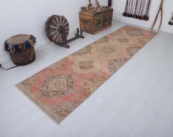 Faded Turkish Runner Rug, 3x11 Pastel Oushak Style, Soft Vintage Carpet