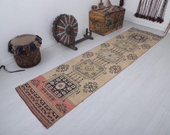 Vintage Oushak Runner Rug, Handmade Anatolian Turkish Wool Cotton 3x11 ft