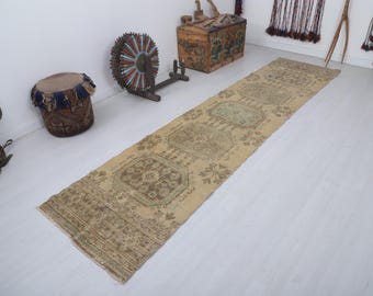 Handmade Vintage Oushak Wool Runner Rug, Natural Beige 3x12ft