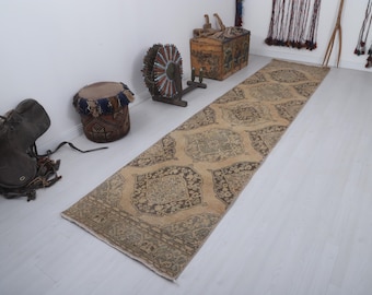 Vintage Oushak Runner Rug, Muted Pastel Faded Turkish Cotton Wool (3x13 ft)