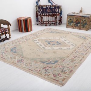 Handmade Wool Oushak Rug: 7x9 Vintage Turkish Boho Rug