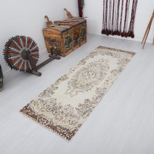 Vintage Turkish Oushak Runner Rug: 3x7 Wool Anatolian Hallway Rug