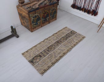 Vintage Oushak Rug 2x4, Handknotted Turkish Wool Cotton Runner