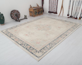 8x10 Vintage Oushak Rug: Turkish Anatolian Cotton Wool Blend