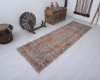 Vintage Oushak Runner Rug, 3x9 Turkish Anatolian Cotton Wool Carpet