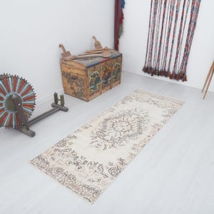 Vintage Oushak Runner Rug: 3x7 Turkish Wool Cotton Blend