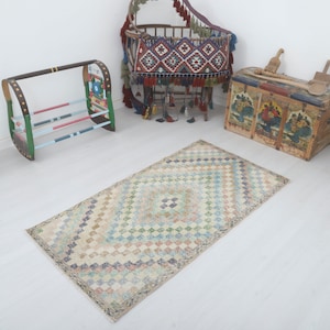 Handknotted Cotton Wool Anatolian Rug: 3x5 Vintage Turkish Oushak