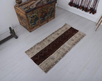 Vintage Oushak Turkish Rug, Muted Faded Anatolian Small Carpet (4.0 x 1.9 ft)