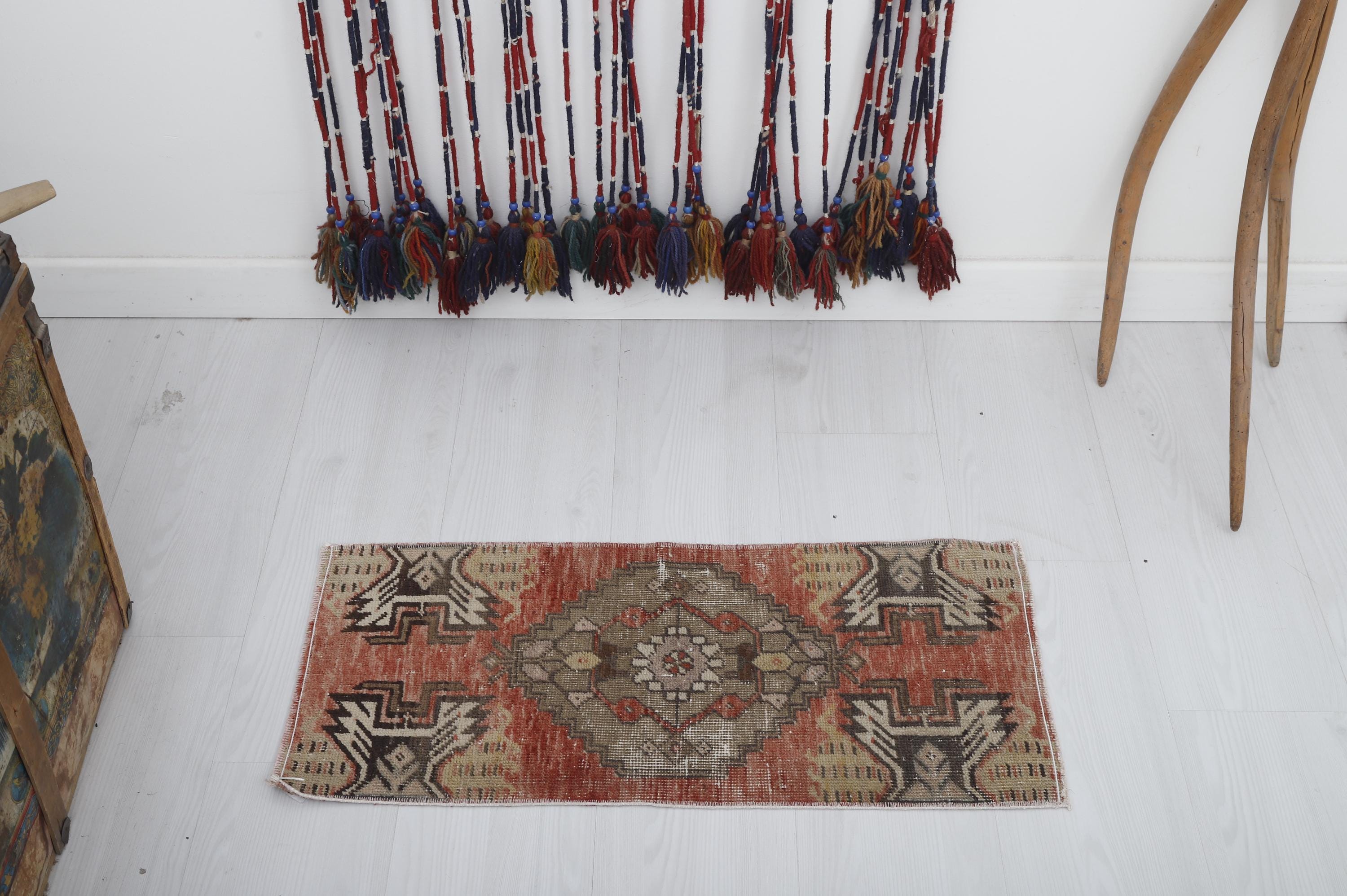 Handmade Wool Turkish Door Mat: Faded Muted Colors, 1x3 Vintage Rug