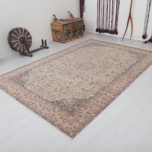 Oversize Oushak Turkish Rug: 9.6 x 6.7 ft Vintage Wool Cotton Rug