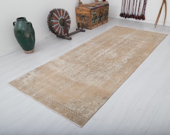 Vintage Turkish Oushak Runner Rug, 4x10 Wool Cotton Hallway Rug