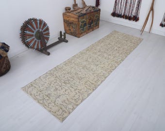 Oushak Runner Rug, 3x9 Neutral Vintage Turkish Cotton Wool Home Decor
