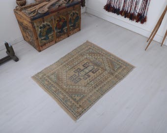 Handknotted Wool Oushak Rug, Vintage Bohemian Anatolian Area Rug (3.3 x 2.6 ft)