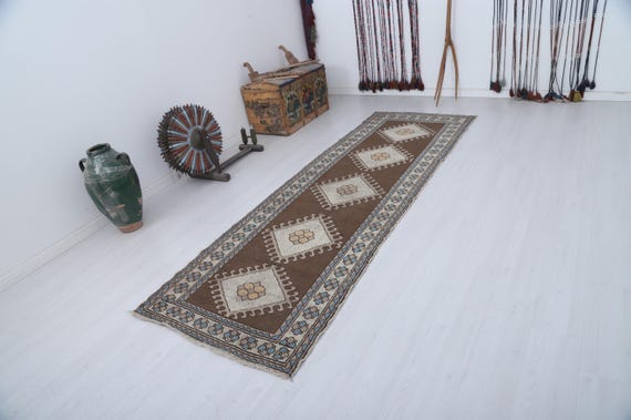 Vintage Oushak Runner Rug, 3x10, Wool Anatolian Rug