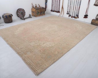 10x13 Turkish Oushak Rug, Muted Colors Wool, Vintage Anatolian Faded Carpet