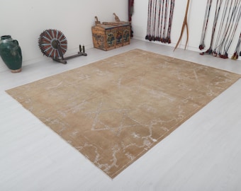 8x10 Vintage Turkish Oushak Rug: Faded Wool Cotton Blend