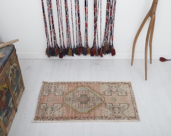Faded Turkish Wool Door Mat Rug: Vintage Oushak 2x3