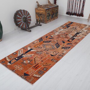 3x10 Vintage Turkish Runner Rug: Oushak Hallway Rug
