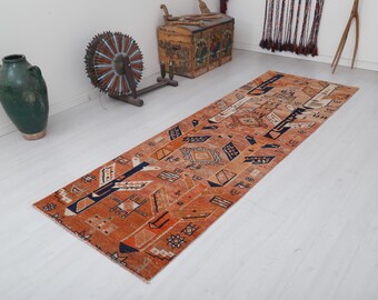 3x10 Turkish Runner, Vintage Runner 3x10, Oushak Runner, Runner Rug, Anatolian Runner,Hallway Rug,Muted Runner,Faded Runner,Turkish Rug,4254