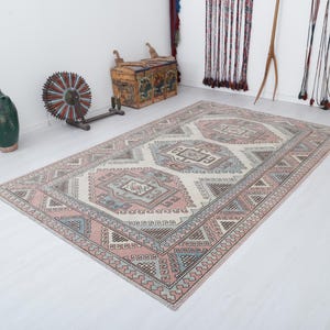 Tapis turc 7 x 9, tapis en laine 7 x 9, tapis turc oversize, tapis oversize vintage, tapis vintage, tapis Oushak, tapis anatolien, tapis délavé, tapis fait main, 22067