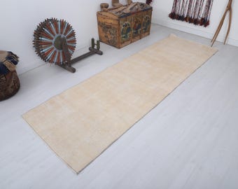 Vintage Oushak Runner Rug, Natural Cotton Wool Hallway Carpet