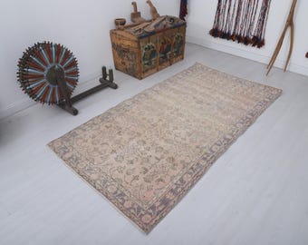4x7 Handknotted Oushak Rug, Distressed Anatolian Turkish Area Rug