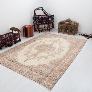 7x9 Vintage Turkish Oushak Rug: Handmade Wool Area Rug