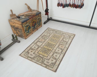 Handmade Wool Turkish Rug: Vintage Oushak Small Rug 3x4