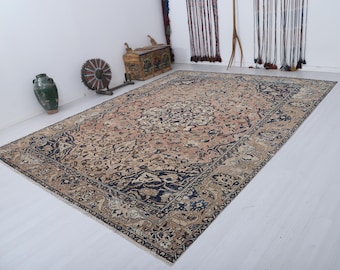 Tapete turco Oushak vintage 10x12: feito à mão em mistura de lã e algodão